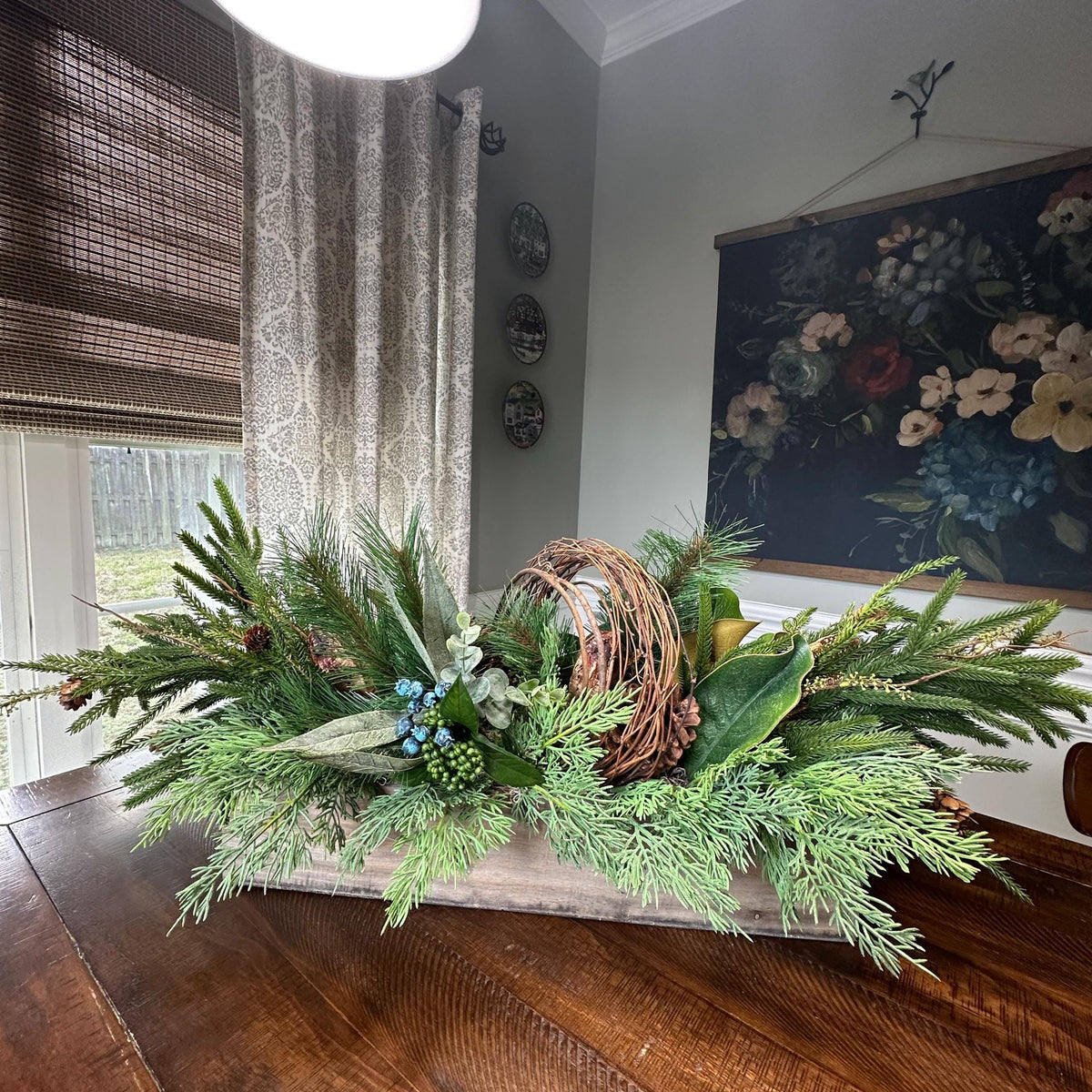 Winter table arrangement in 20”x4”x4” wooden box. Perfect for Christmas and the entire winter season. Great housewarming gift!