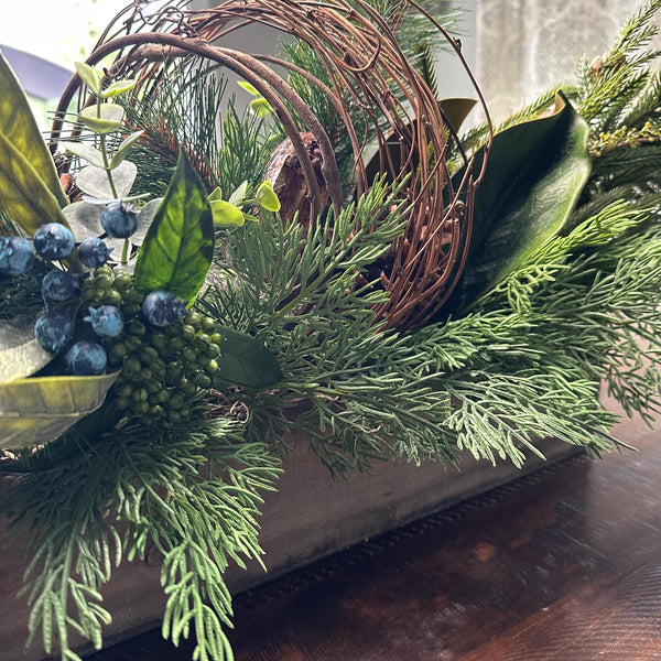 Winter table arrangement in 20”x4”x4” wooden box. Perfect for Christmas and the entire winter season. Great housewarming gift!