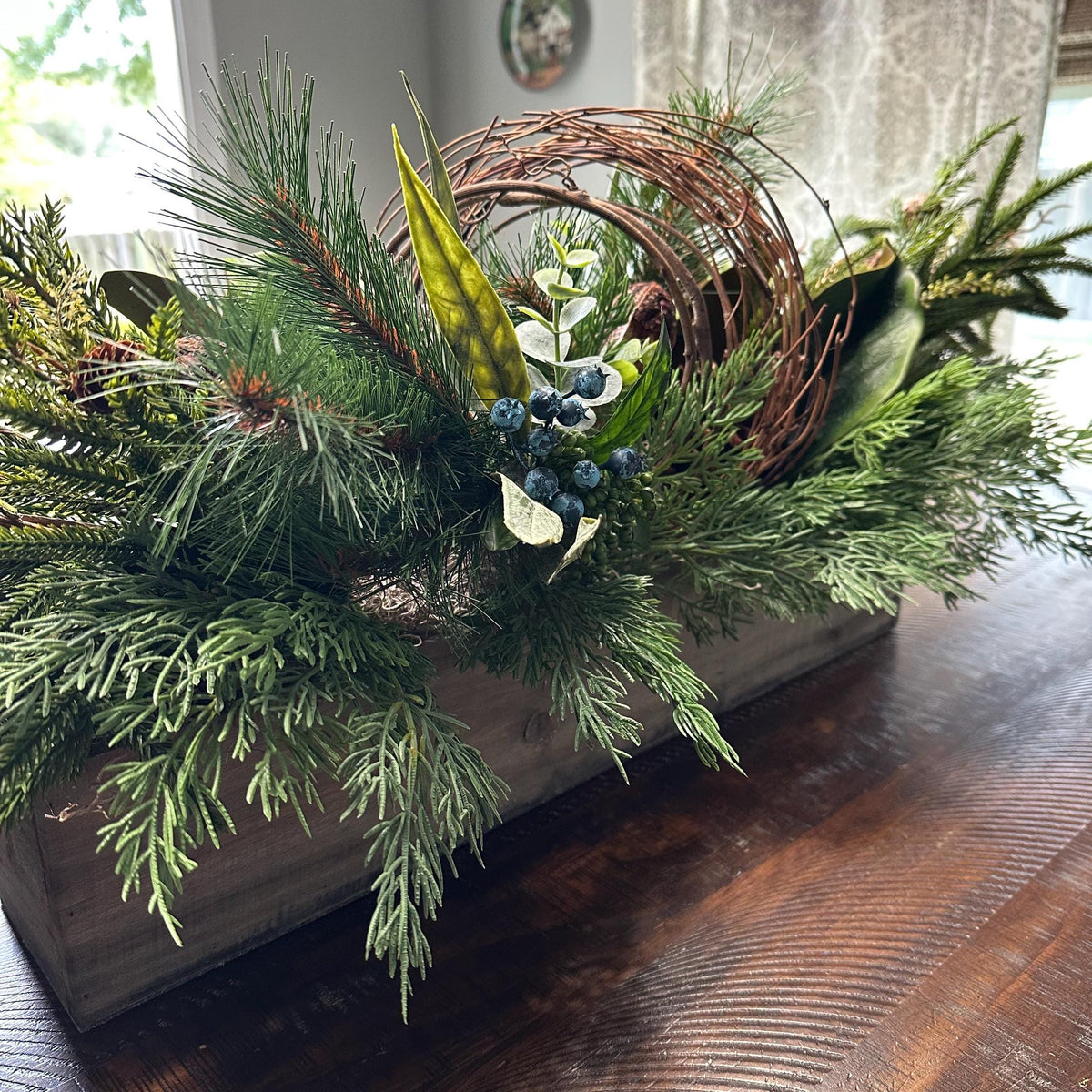 Winter table arrangement in 20”x4”x4” wooden box. Perfect for Christmas and the entire winter season. Great housewarming gift!