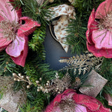 Christmas wreath for front door, Gold and pink wreath, Holiday pink magnolia and gold accents, Pine wreath with pink and gold, gift