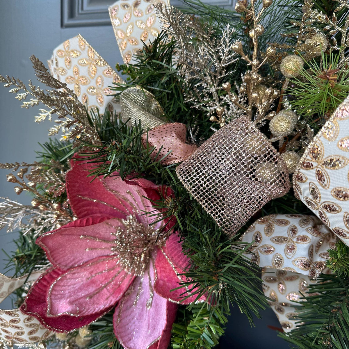 Christmas wreath for front door, Gold and pink wreath, Holiday pink magnolia and gold accents, Pine wreath with pink and gold, gift