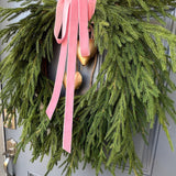 Valentine’s day wreath with heart shape brass bells, Pink ribbon front door wreath, Gift for her, pink lovers door decor, norfolk pine