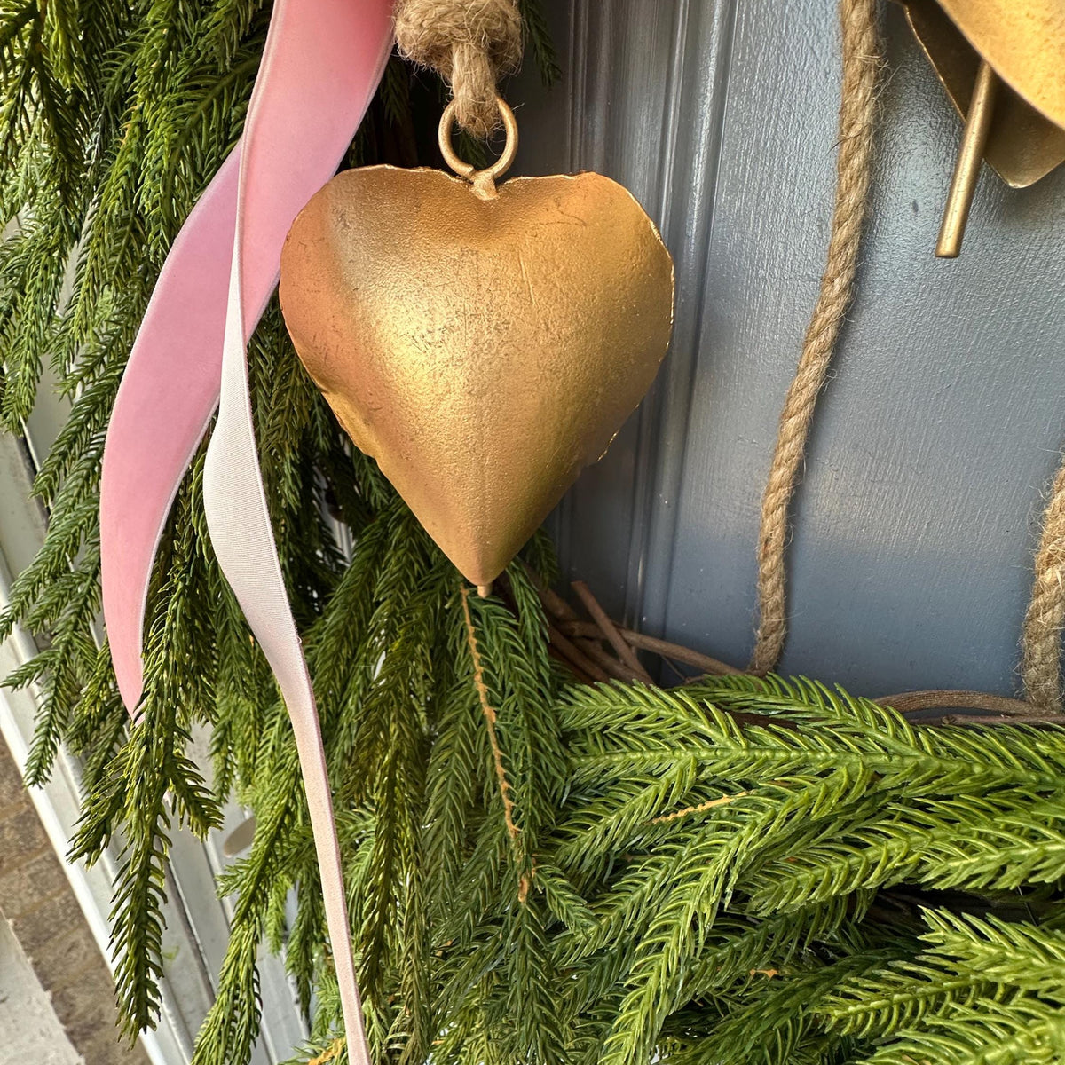 Valentine’s day wreath with heart shape brass bells, Pink ribbon front door wreath, Gift for her, pink lovers door decor, norfolk pine