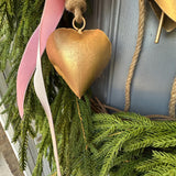 Valentine’s day wreath with heart shape brass bells, Pink ribbon front door wreath, Gift for her, pink lovers door decor, norfolk pine