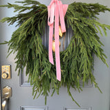 Valentine’s day wreath with heart shape brass bells, Pink ribbon front door wreath, Gift for her, pink lovers door decor, norfolk pine