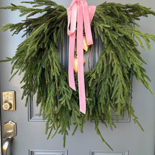 Valentine’s day wreath with heart shape brass bells, Pink ribbon front door wreath, Gift for her, pink lovers door decor, norfolk pine