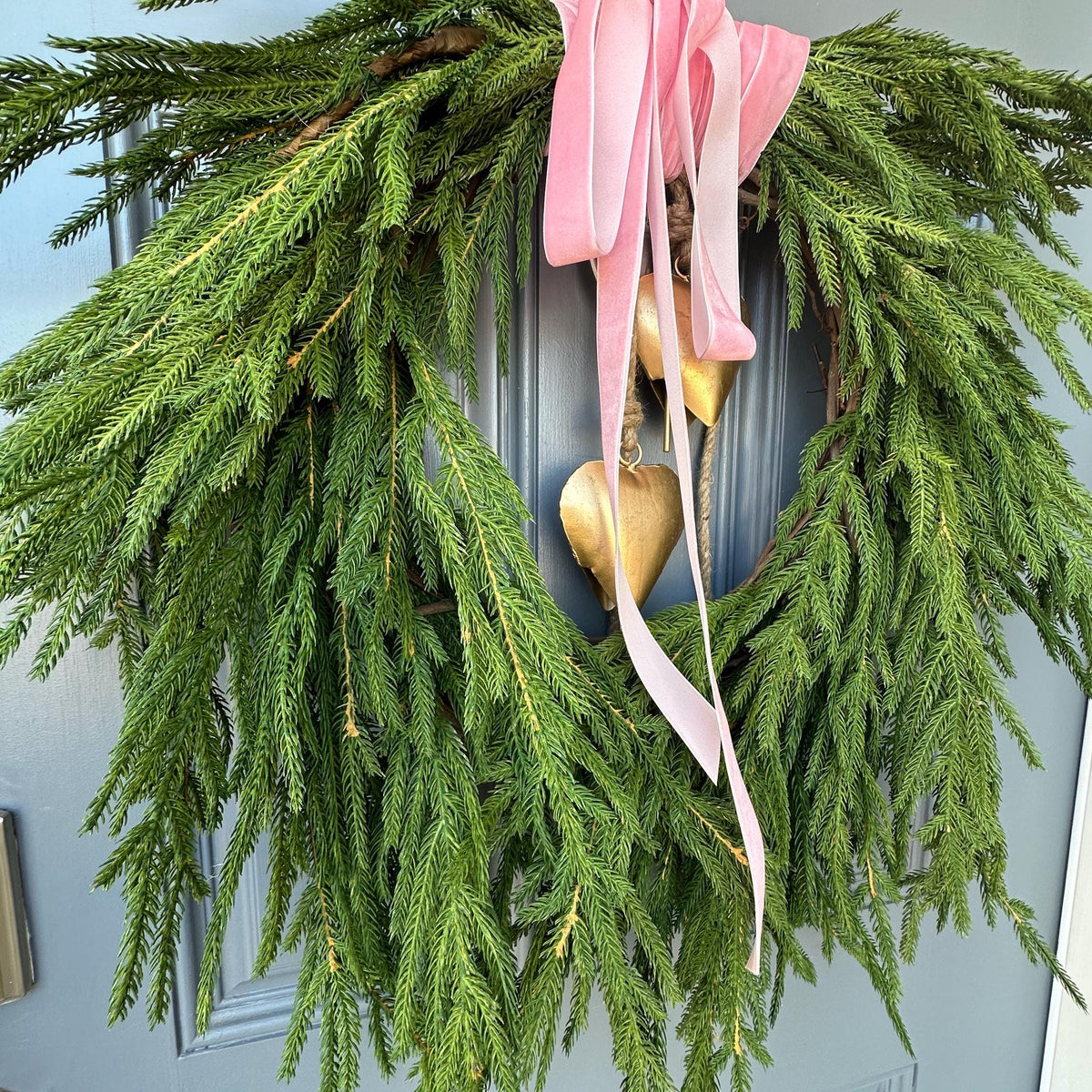 Valentine’s day wreath with heart shape brass bells, Pink ribbon front door wreath, Gift for her, pink lovers door decor, norfolk pine