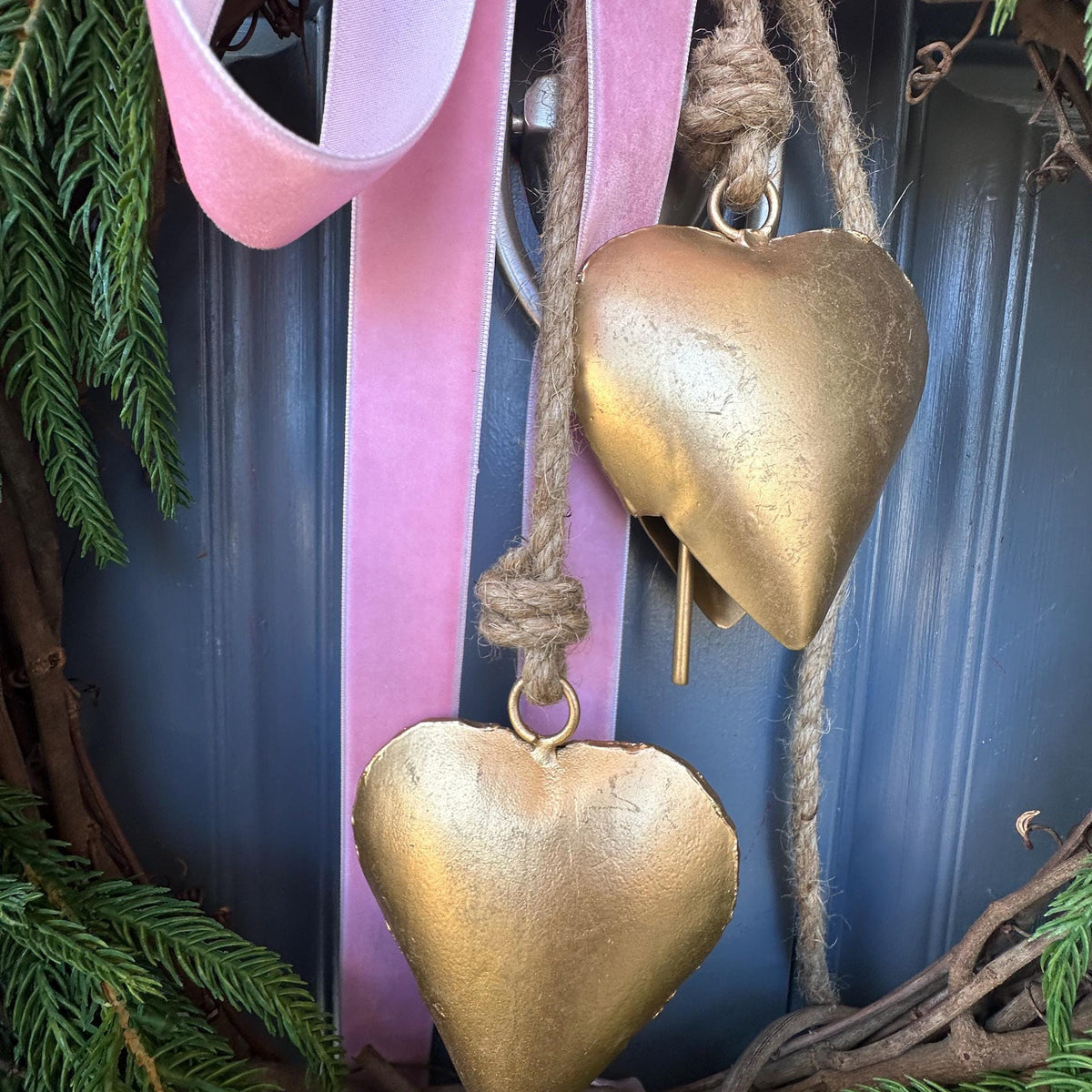 Valentine’s day wreath with heart shape brass bells, Pink ribbon front door wreath, Gift for her, pink lovers door decor, norfolk pine