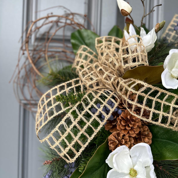 Year-round magnolia front door faux swag, 38” long, housewarming gift, farmhouse wall decor, cottagecore decor, teardrop swag wreath,