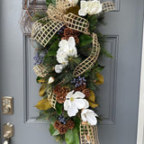 Year-round magnolia front door faux swag, 38” long, housewarming gift, farmhouse wall decor, cottagecore decor, teardrop swag wreath,