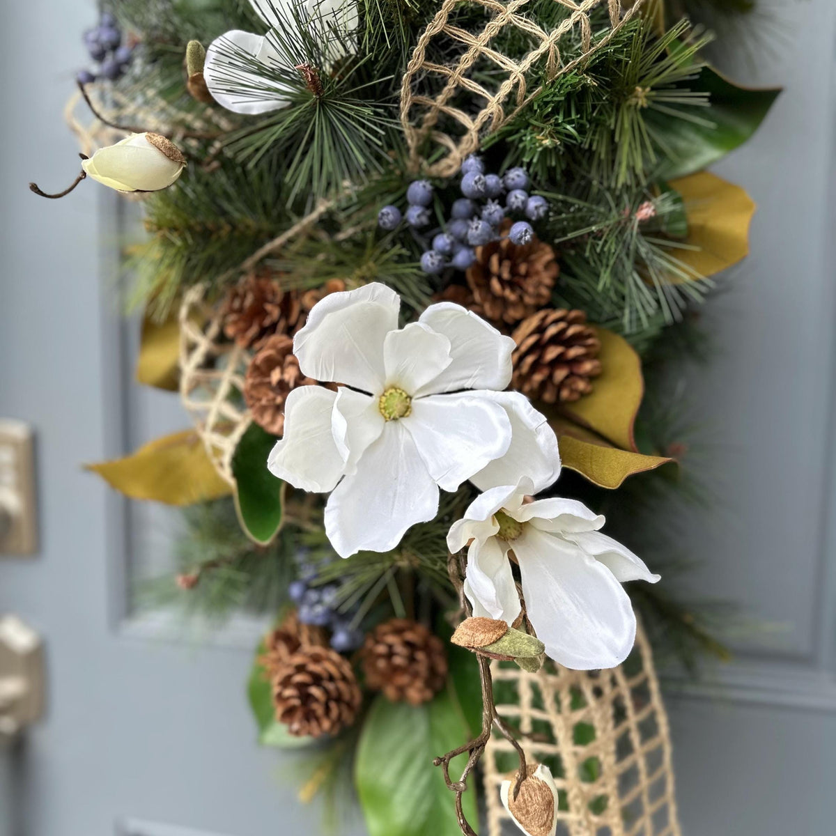 Year-round magnolia front door faux swag, 38” long, housewarming gift, farmhouse wall decor, cottagecore decor, teardrop swag wreath,