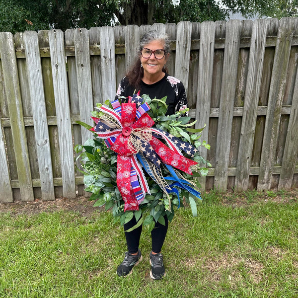 Eucalyptus year round greenery front door wreath comes with a 4th of July bow which can easily be changed for every season and holiday