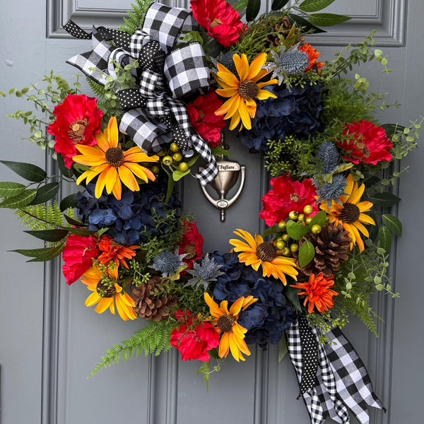 Colorful front door wreath, handcrafted unique design comes in three sizes! Country rustic farmhouse wreath, housewarming gift