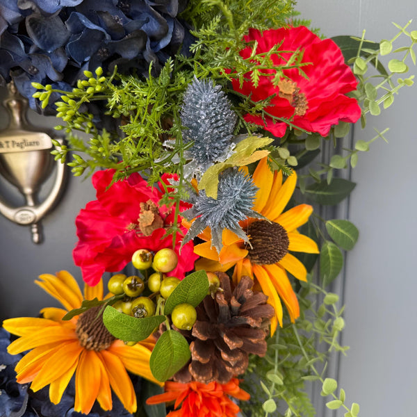 Colorful front door wreath, handcrafted unique design comes in three sizes! Country rustic farmhouse wreath, housewarming gift
