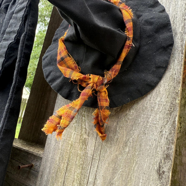 Primitive witch halloween wreath, 22”wide x 24” in length, hand sewn witch outfit hung on her broom, handcrafted witch decor, witchcraft