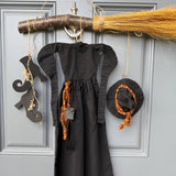 Primitive witch halloween wreath, 22”wide x 24” in length, hand sewn witch outfit hung on her broom, handcrafted witch decor, witchcraft