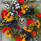 Colorful front door wreath, handcrafted unique design comes in three sizes! Country rustic farmhouse wreath, housewarming gift