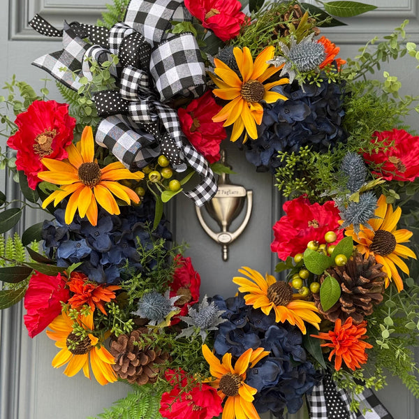 Colorful front door wreath, handcrafted unique design comes in three sizes! Country rustic farmhouse wreath, housewarming gift