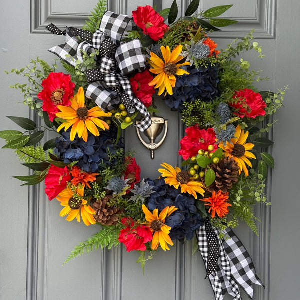 Colorful front door wreath, handcrafted unique design comes in three sizes! Country rustic farmhouse wreath, housewarming gift