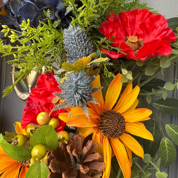 Colorful front door wreath, handcrafted unique design comes in three sizes! Country rustic farmhouse wreath, housewarming gift
