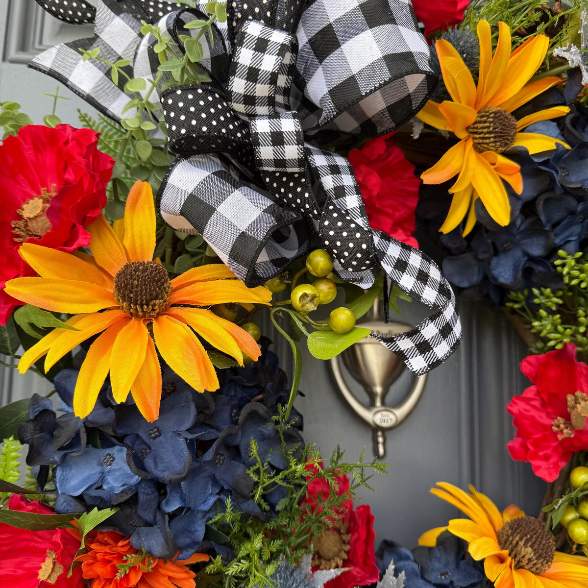 Colorful front door wreath, handcrafted unique design comes in three sizes! Country rustic farmhouse wreath, housewarming gift