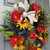 Colorful front door wreath, handcrafted unique design comes in three sizes! Country rustic farmhouse wreath, housewarming gift
