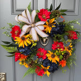 Colorful front door wreath, handcrafted unique design comes in three sizes! Country rustic farmhouse wreath, housewarming gift