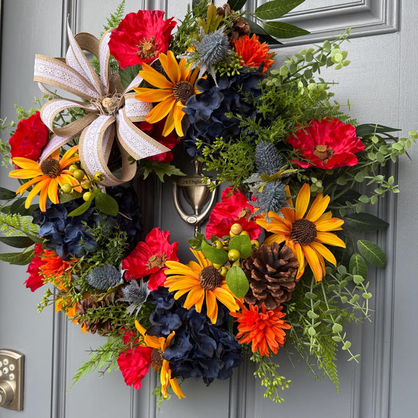 Colorful front door wreath, handcrafted unique design comes in three sizes! Country rustic farmhouse wreath, housewarming gift