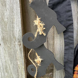 Primitive witch halloween wreath, 22”wide x 24” in length, hand sewn witch outfit hung on her broom, handcrafted witch decor, witchcraft