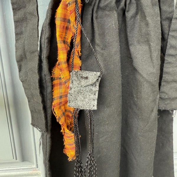 Primitive witch halloween wreath, 22”wide x 24” in length, hand sewn witch outfit hung on her broom, handcrafted witch decor, witchcraft
