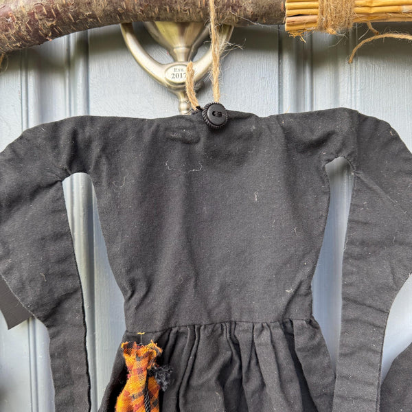Primitive witch halloween wreath, 22”wide x 24” in length, hand sewn witch outfit hung on her broom, handcrafted witch decor, witchcraft