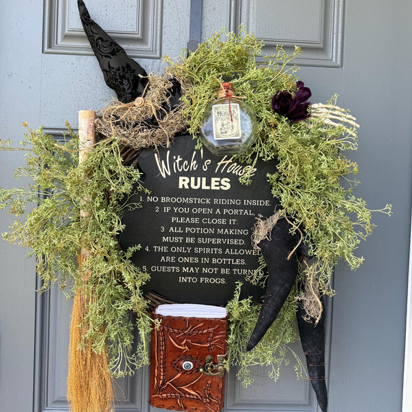 Halloween Wreath | Witch Decor | Magic | October 31 Decorations | Primitive Witch Wreath | Witch's Hat | Spooky | Leather Spell Book | BOO!