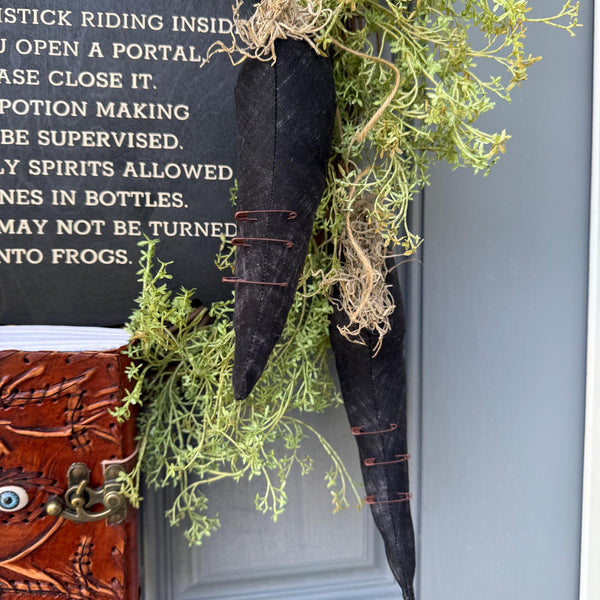 Halloween Wreath | Witch Decor | Magic | October 31 Decorations | Primitive Witch Wreath | Witch's Hat | Spooky | Leather Spell Book | BOO!