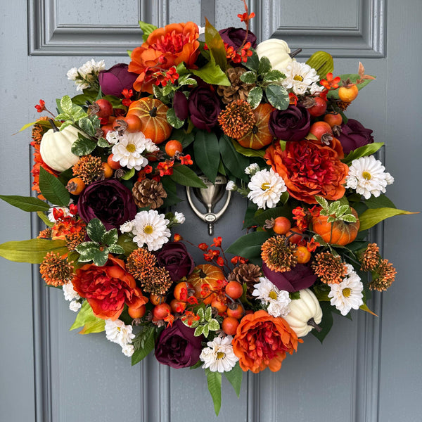 Fall front door wreath, autumn decor, fall decorations, fall home decor, housewarming gift, Thanksgiving decor, harvest wall decor, pumpkins