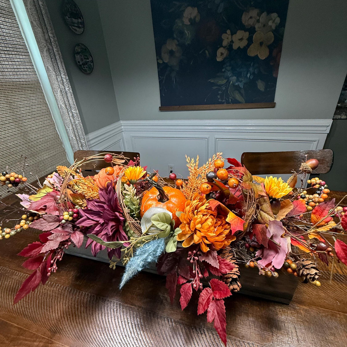 Table wood centerpiece, Thanksgiving table decor, harvest decoration, Autumn arrangement, farmhouse decor, housewarming/hostess gift 20x4x4