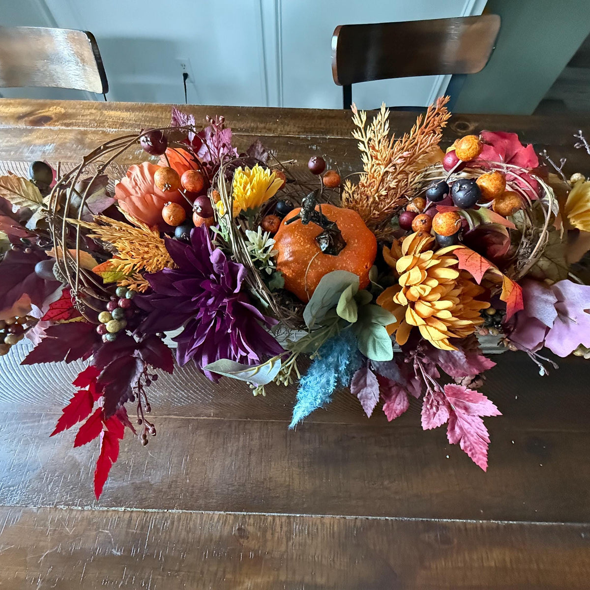Table wood centerpiece, Thanksgiving table decor, harvest decoration, Autumn arrangement, farmhouse decor, housewarming/hostess gift 20x4x4