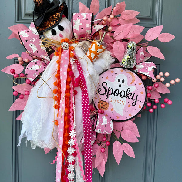 Pink Ghost Halloween Wreath | Halloween Decorations | October Pink Awareness Month Wreath | Cancer Awareness Month | Glam Ghost | 22”