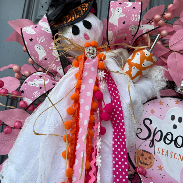 Pink Ghost Halloween Wreath | Halloween Decorations | October Pink Awareness Month Wreath | Cancer Awareness Month | Glam Ghost | 22”