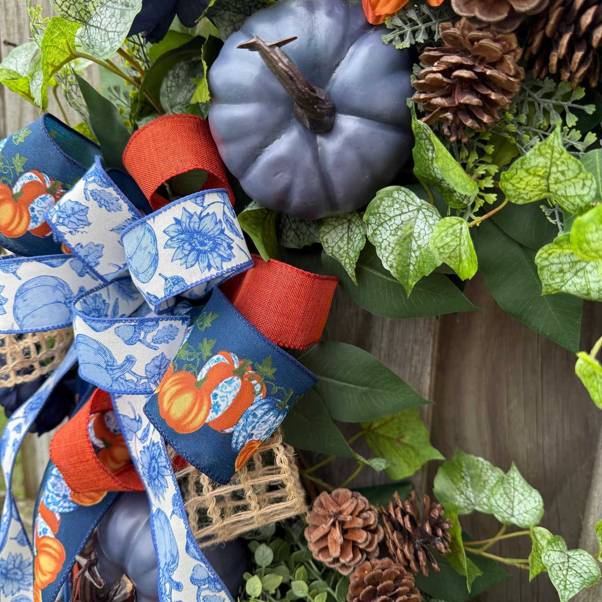 Fall front door blue pumpkin wreath, Autumn wreath with Chinoiserie ribbon , Thanksgiving wreath, Harvest wreath, Fall foliage, 24” and 30”