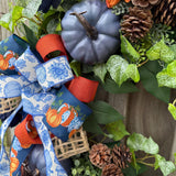 Fall front door blue pumpkin wreath, Autumn wreath with Chinoiserie ribbon , Thanksgiving wreath, Harvest wreath, Fall foliage, 24” and 30”