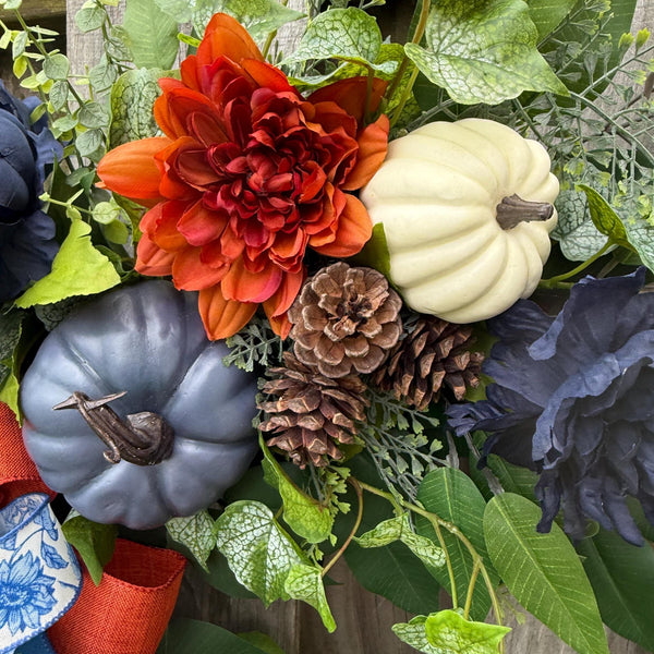 Fall front door blue pumpkin wreath, Autumn wreath with Chinoiserie ribbon , Thanksgiving wreath, Harvest wreath, Fall foliage, 24” and 30”