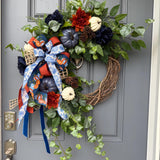 Fall front door blue pumpkin wreath, Autumn wreath with Chinoiserie ribbon , Thanksgiving wreath, Harvest wreath, Fall foliage, 24” and 30”