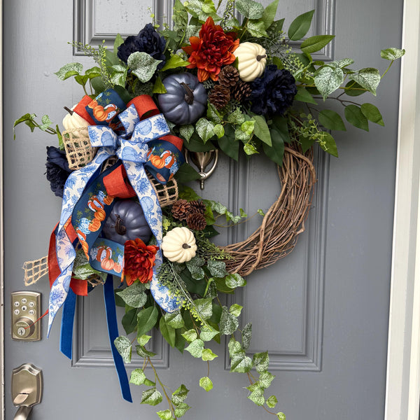 Fall front door blue pumpkin wreath, Autumn wreath with Chinoiserie ribbon , Thanksgiving wreath, Harvest wreath, Fall foliage, 24” and 30”