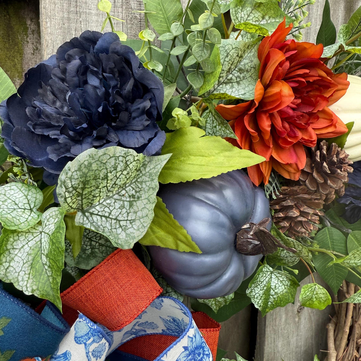 Fall front door blue pumpkin wreath, Autumn wreath with Chinoiserie ribbon , Thanksgiving wreath, Harvest wreath, Fall foliage, 24” and 30”