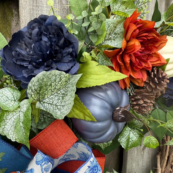 Fall front door blue pumpkin wreath, Autumn wreath with Chinoiserie ribbon , Thanksgiving wreath, Harvest wreath, Fall foliage, 24” and 30”