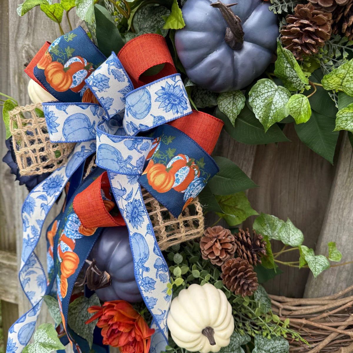Fall front door blue pumpkin wreath, Autumn wreath with Chinoiserie ribbon , Thanksgiving wreath, Harvest wreath, Fall foliage, 24” and 30”