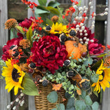 Wreath fall basket filled with autumn flowers, XL 24”x24”x9, Perfect for entry way hook, Thanksgiving decor, Housewarming and hostess gifts!