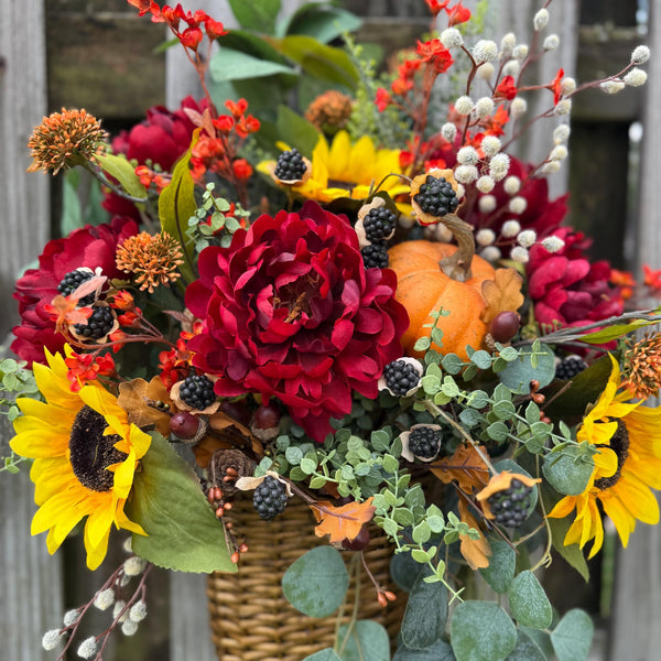 Wreath fall basket filled with autumn flowers, XL 24”x24”x9, Perfect for entry way hook, Thanksgiving decor, Housewarming and hostess gifts!