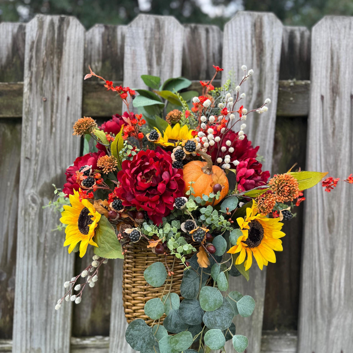 Wreath fall basket filled with autumn flowers, XL 24”x24”x9, Perfect for entry way hook, Thanksgiving decor, Housewarming and hostess gifts!