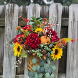 Wreath fall basket filled with autumn flowers, XL 24”x24”x9, Perfect for entry way hook, Thanksgiving decor, Housewarming and hostess gifts!